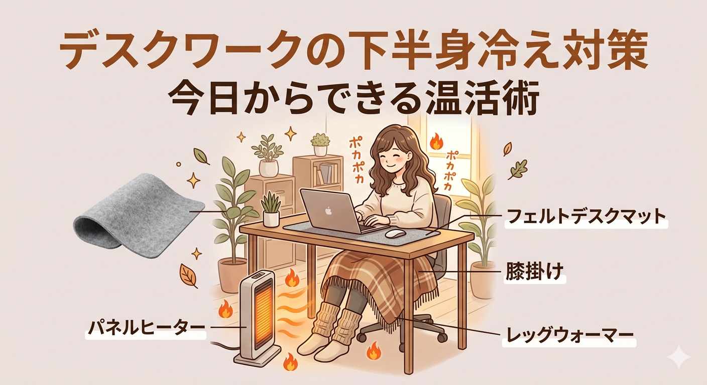 デスクワークの下半身冷え対策が分かるイラスト画像