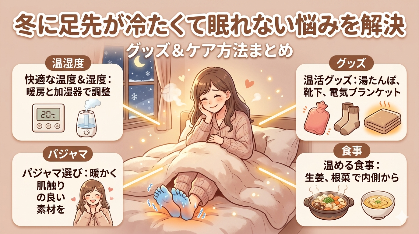 冬に足先が寒くて眠れない悩みを解決するイラスト