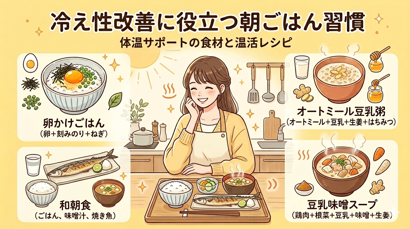 冷え性改善に役立つ朝ごはんがわかるイラスト画像