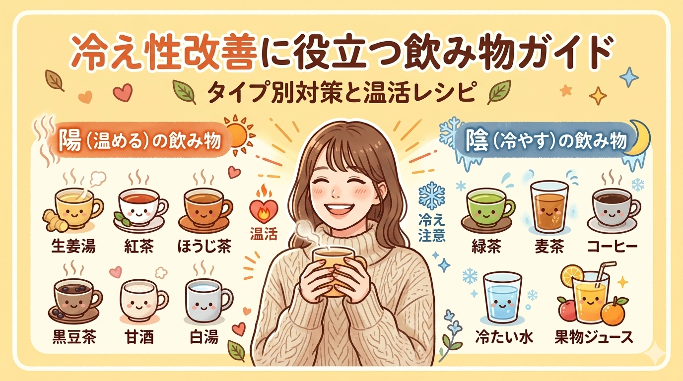 冷え性改善に役立つ飲み物がわかるイラスト画像