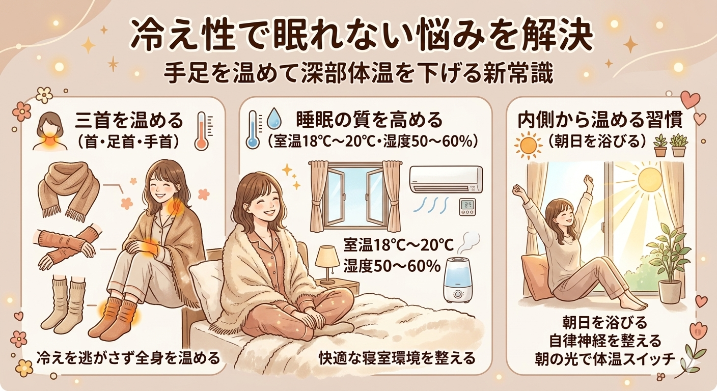 冷え症で眠れない悩みを解決するイメージのイラスト画像