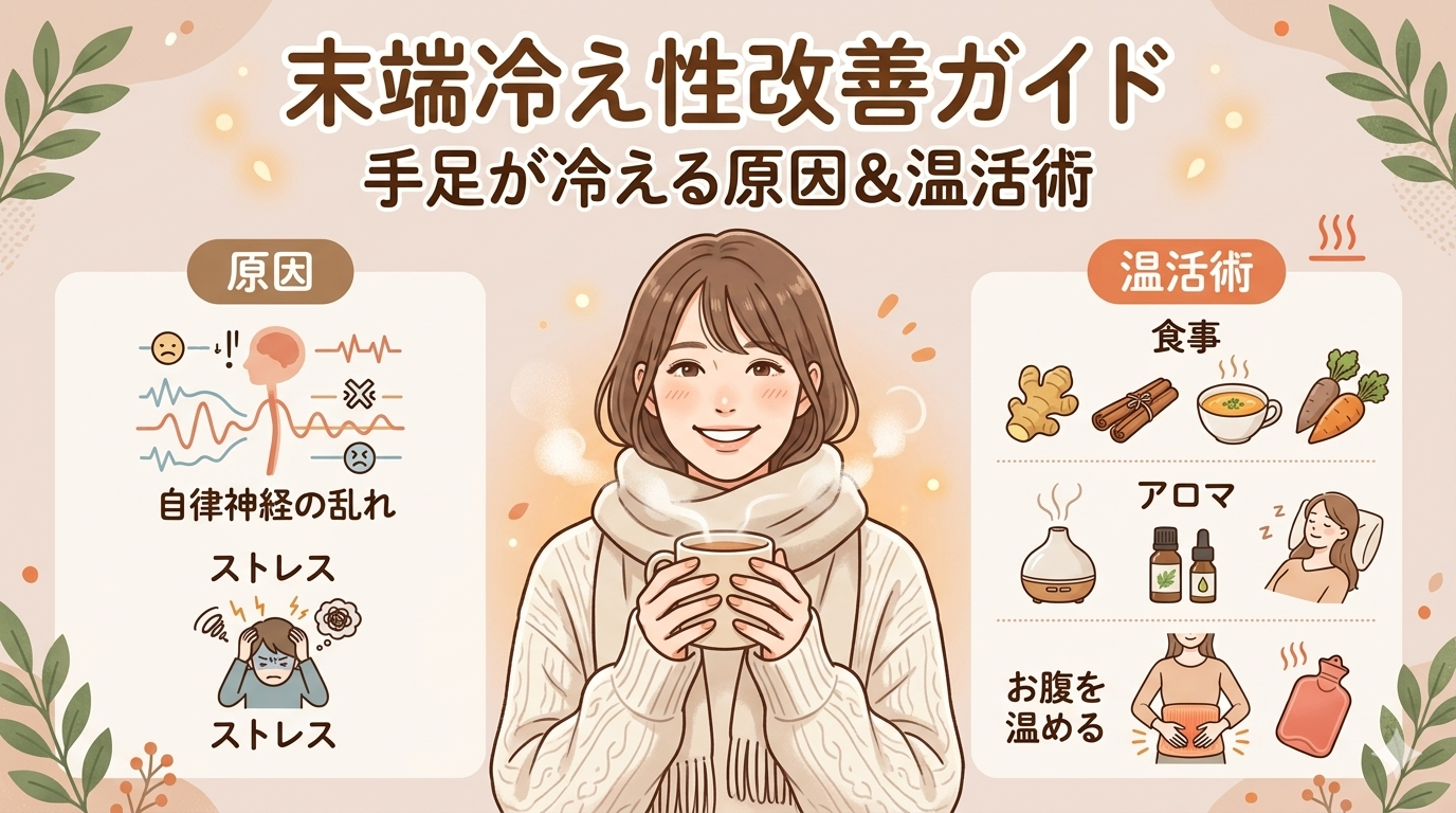末端冷え性改善ガイドの原因と温活術を表したイラスト画像
